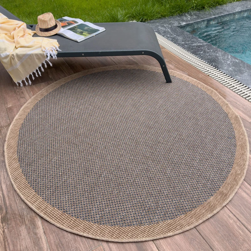 THE RUGS Nature Collection Outdoor Rug – Indoor/Outdoor Tona Border Area Rug for Patio, Deck, Garden, Kitchen, Bathroom or Living Room (Square Dots-Blue, 160 cm Round) - Image 1