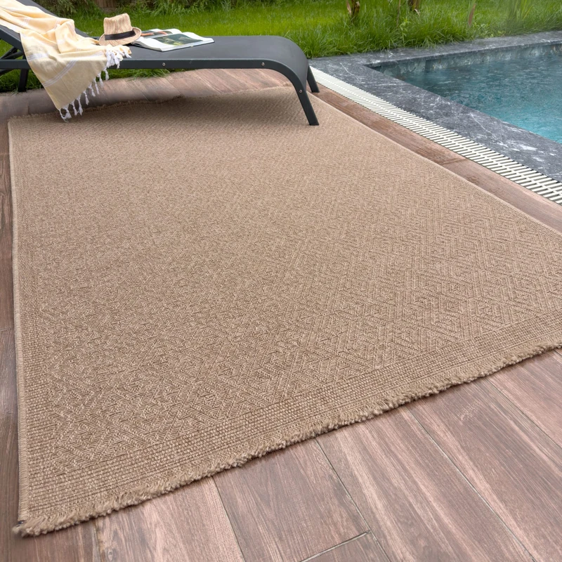 THE RUGS Nature Collection Outdoor Rug – Indoor/Outdoor Tona Border Area Rug for Patio, Deck, Garden, Kitchen, Bathroom or Living Room (Greek Key-Neutral, 140 x 200 cm)