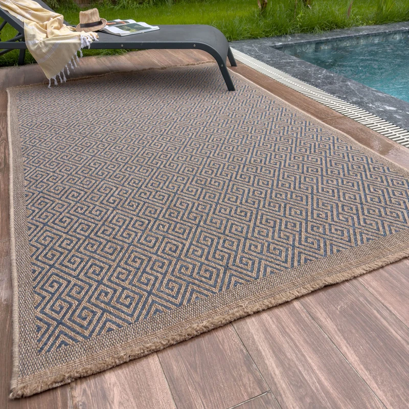 THE RUGS Nature Collection Outdoor Rug – Indoor/Outdoor Tona Border Area Rug for Patio, Deck, Garden, Kitchen, Bathroom or Living Room (Greek Key-Blue, 200 x 290 cm)