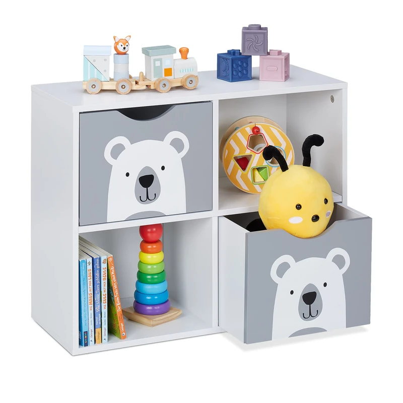 Relaxdays Children's Bookshelf, Toy Storage, 4 Compartments, Bear Motif, 2 Drawers, HxWxD: 48 x 60 x 24.5 cm, White/Grey, Fibreboard