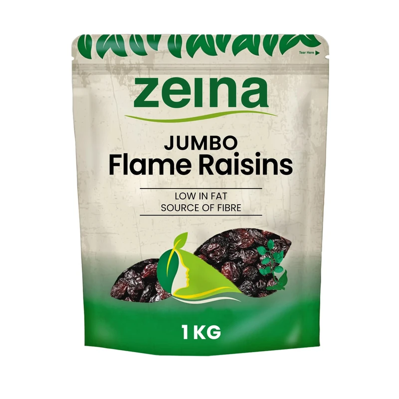 Zeina Jumbo Flame Raisins with Resealable Zip for Snacking and Home Baking (1Kg) - Source of Fibre, Low Fat - Perfect as Raisins Snack Packs for Kids, Perfect for a Healthy Vegan Diet