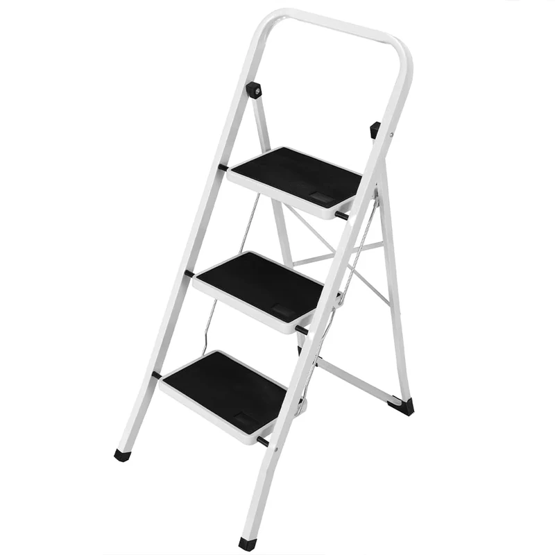 Bakaji Space-Saving Square Folding Ladder with Non-Slip Steps and Safety Handle Stool Steel Structure and Rubber Coating Maximum Load 150 kg (3 Steps)
