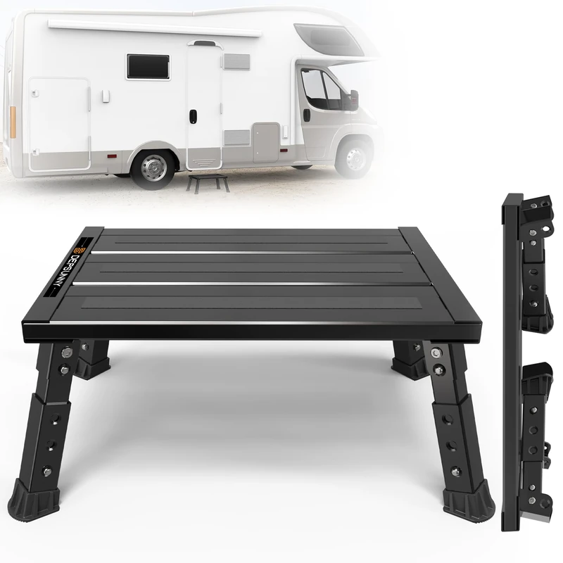 DEPSUNNY Adjustable Height Aluminum RV Step, Stable Foldable Platform Step Stool, Supports Up to 1,000 lb, Non-Slip Rubber Feet and Platform Mat, Easy to Carry,Black