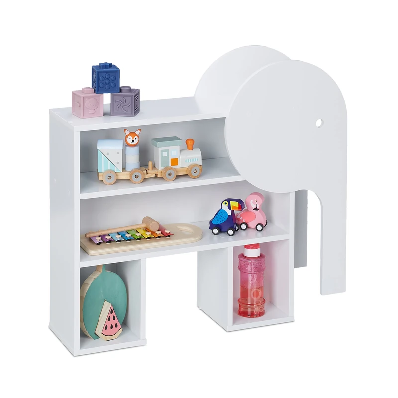 Relaxdays Children's Bookcase, Elephant-Shaped, 4 Compartments, Fun Shelf for Kids, HxWxD: 60.5 x 64.5 x 20.5 cm, White, Fibreboard