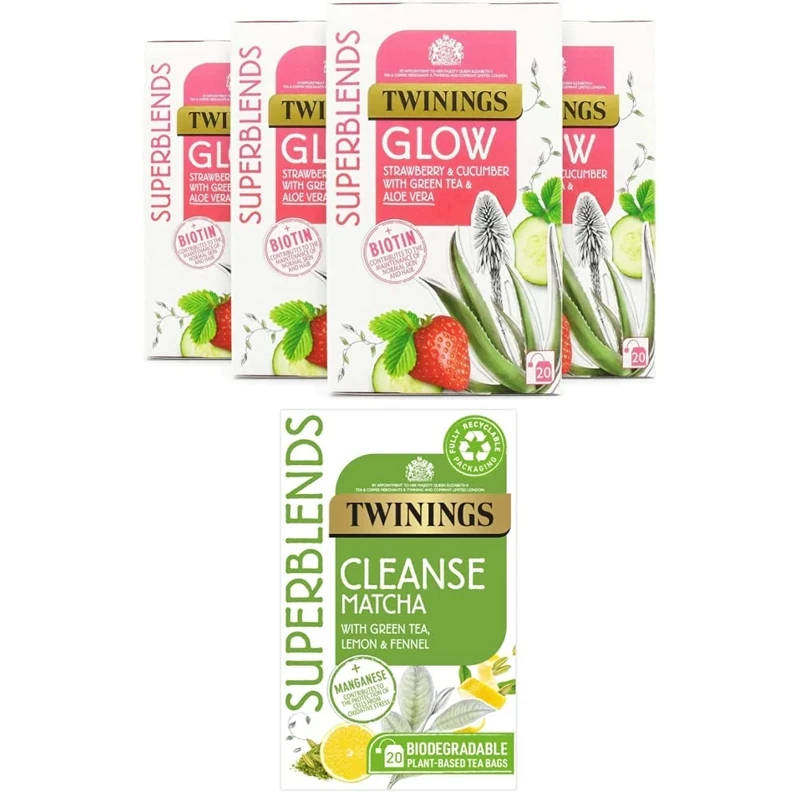 Twinings Superblends Glow with Strawberry, Cucumber, Green Tea & Aloe Vera, 80 Teabags (Multipack of 4 x 20 Bags) + Cleanse, Lemon Flavoured Green Tea with Matcha, Fennel and Manganese. 20 Tea bags