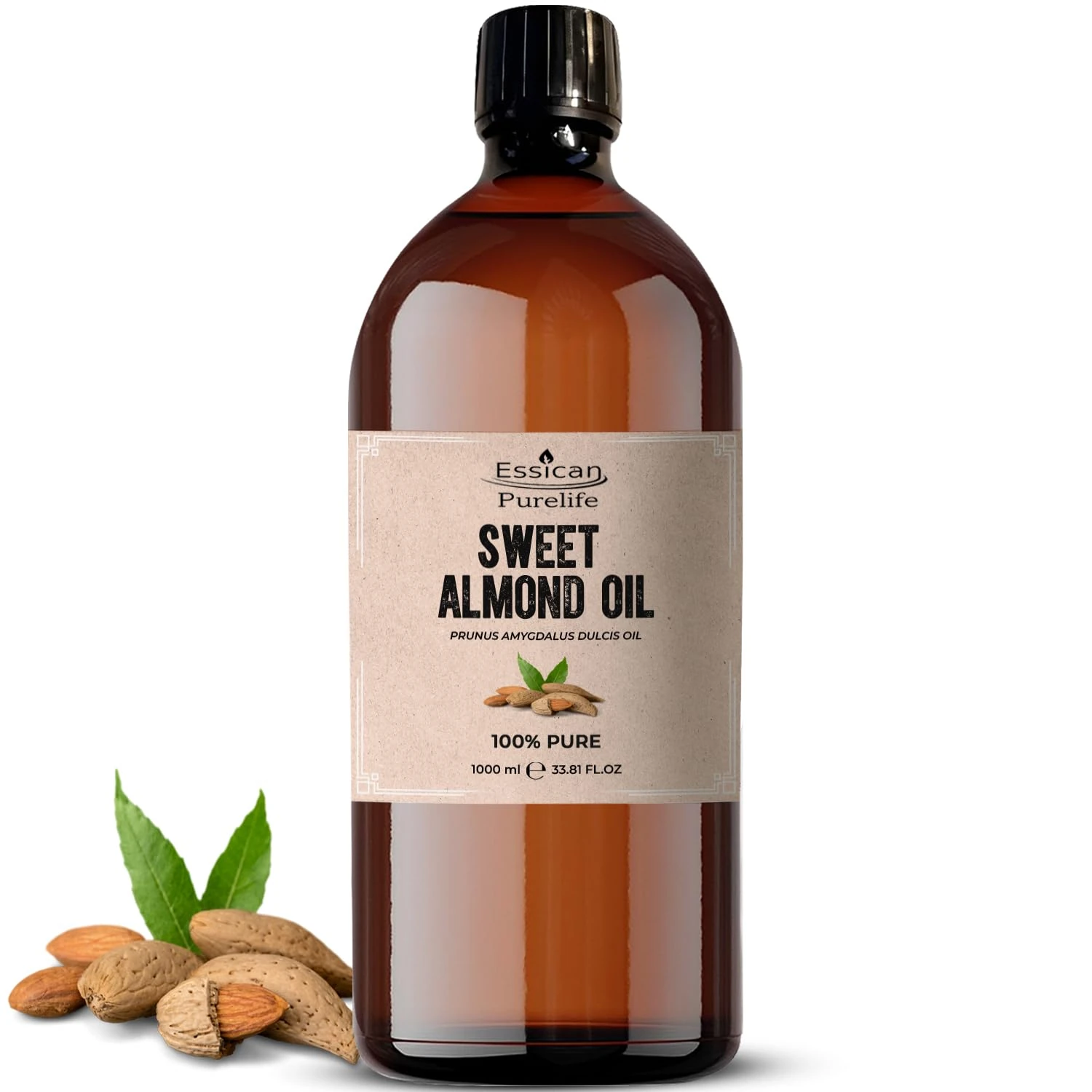 Essican Purelife, Pure Sweet Almond Oil for Hair, 1000ml Cold Pressed Almond Oils for Massage, Carrier Oil for Essential Oils Mixing Ideal for Massage, Moisturising Face, Skin, Ear, Body, Cruelty-Free
