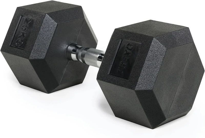 TREXO Hexagon Dumbbell 25 kg Durable Rubberised Cast Iron for Strength Training at Home with Ergonomic Handle Stable and Versatile Hex HXD250