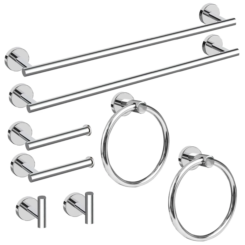 Cilee 8 Piece Polished Chrome Bathroom Hardware Set, 24inch Bathroom Towel bar+Towel Ring+Toilet Paper Holder+ Robe Towel Hook, SUS304 Stainless Steel Bathroom Accessory Set