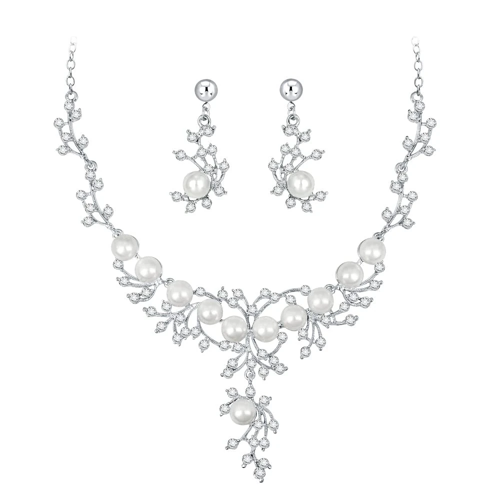 Cangall Jewellery Sets for Women, Necklace and Drop Earring Sets with Clear Crystal & Pearl, Crystal Wedding Jewellery Set for Ladies Bride Bridesmaid, Women's Jewellery Set for Prom Engagements