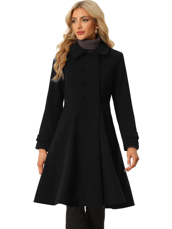 Allegra K Women's Winter Coat Overcoat Lapel Collar Long Swing A Line Double Breasted Pea Coat, Black, S
