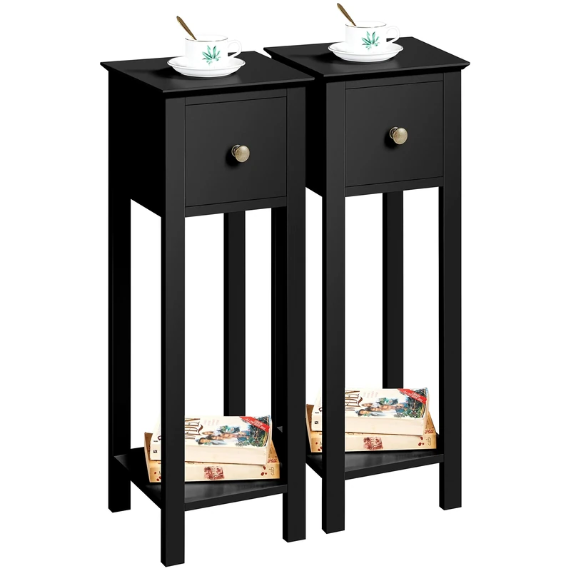 Yaheetech Black Slim Bedside Table Set of 2, Narrow Wooden Nightstand with Drawer & Shelf, Tall Telephone Table Hallway Side Table, 25x25x70cm