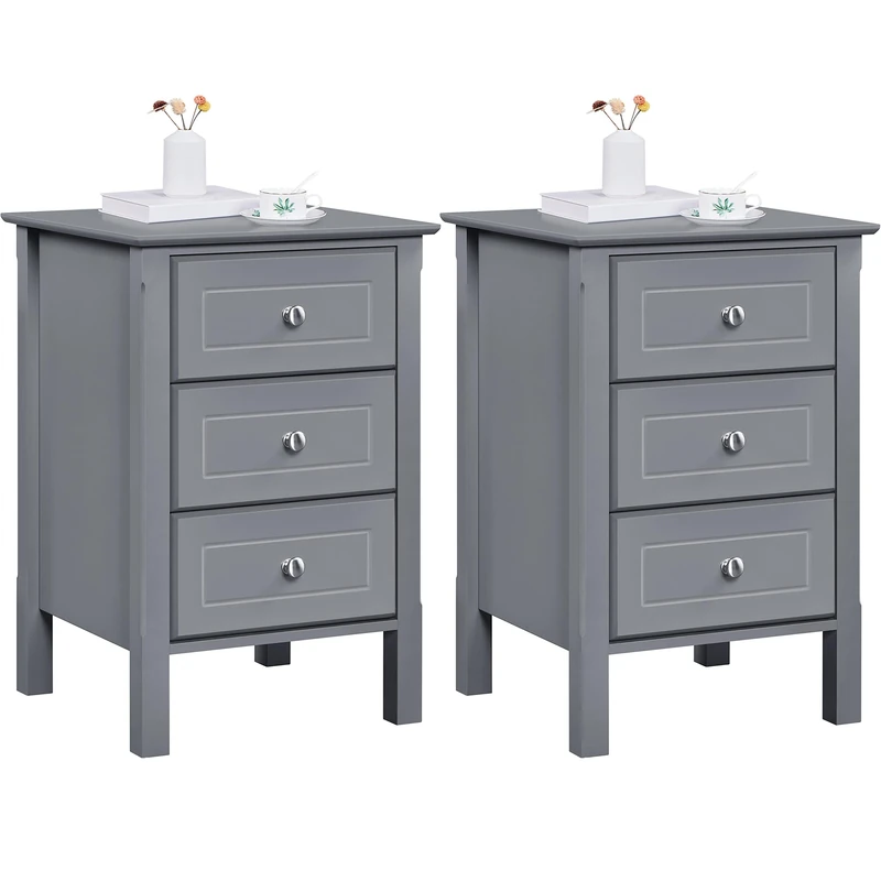 Yaheetech Bedside Tables Set of 2, Wooden Nightstand with 3 Storage Drawers, Sturdy Modern Cabinet for Bedroom Living Room Hallway, 40x40x60cm, Dark Grey
