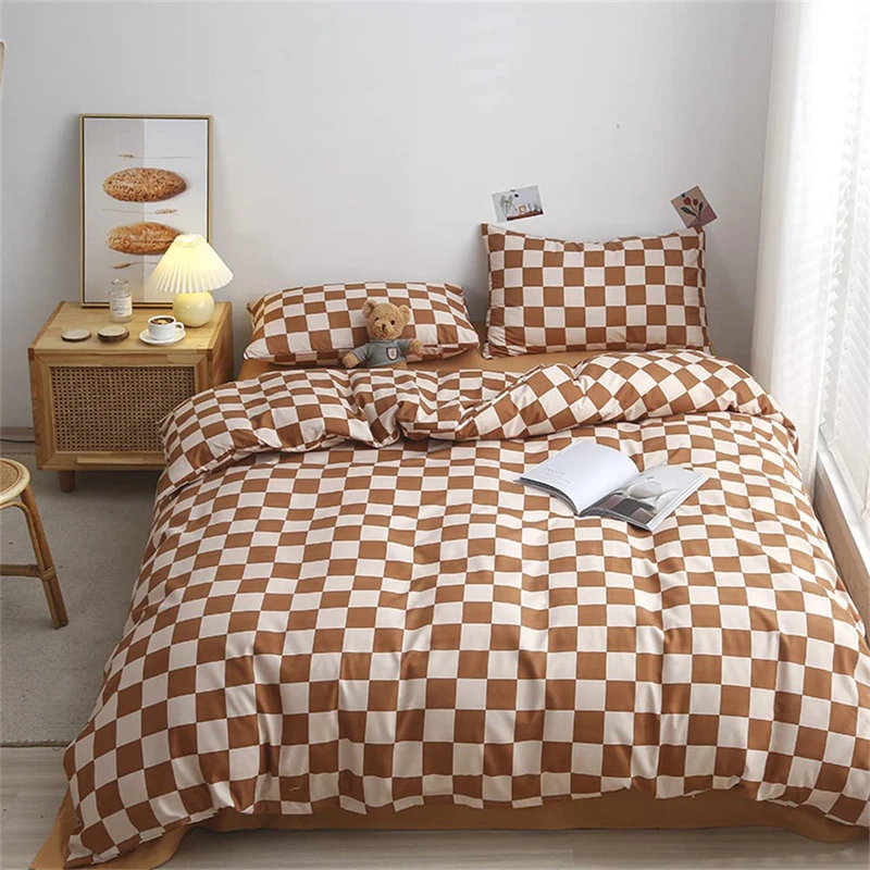 Pureant Pumpkin White Plaid Comforter Queen Brown Checkerboard Grid Bed