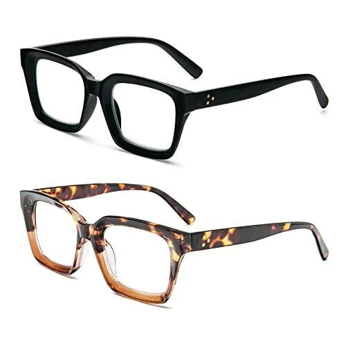 MMOWW 2-Pack Oversized Reading Glasses for Women - Anti Blue Light Glasses with Square Frame (Black+Leopard, +3.0)