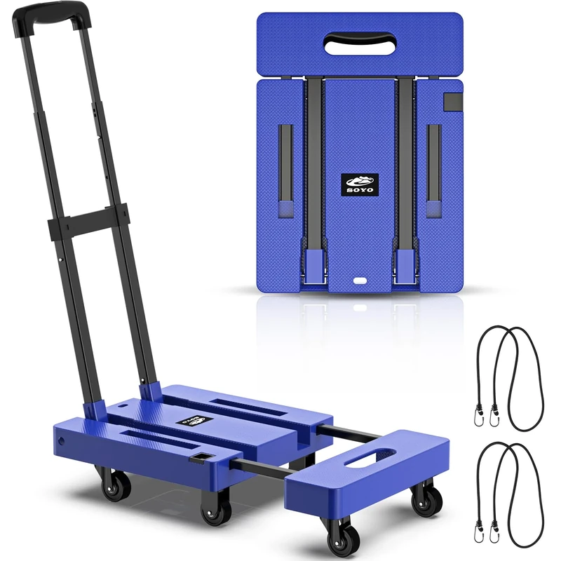 SOYO Folding Hand Truck, 500lbs Heavy Duty Dolly, Portable 6 Wheels Collapsible Luggage Cart with 2 Elastic Ropes for Moving, Travel, Shopping, House Office Use, Blue