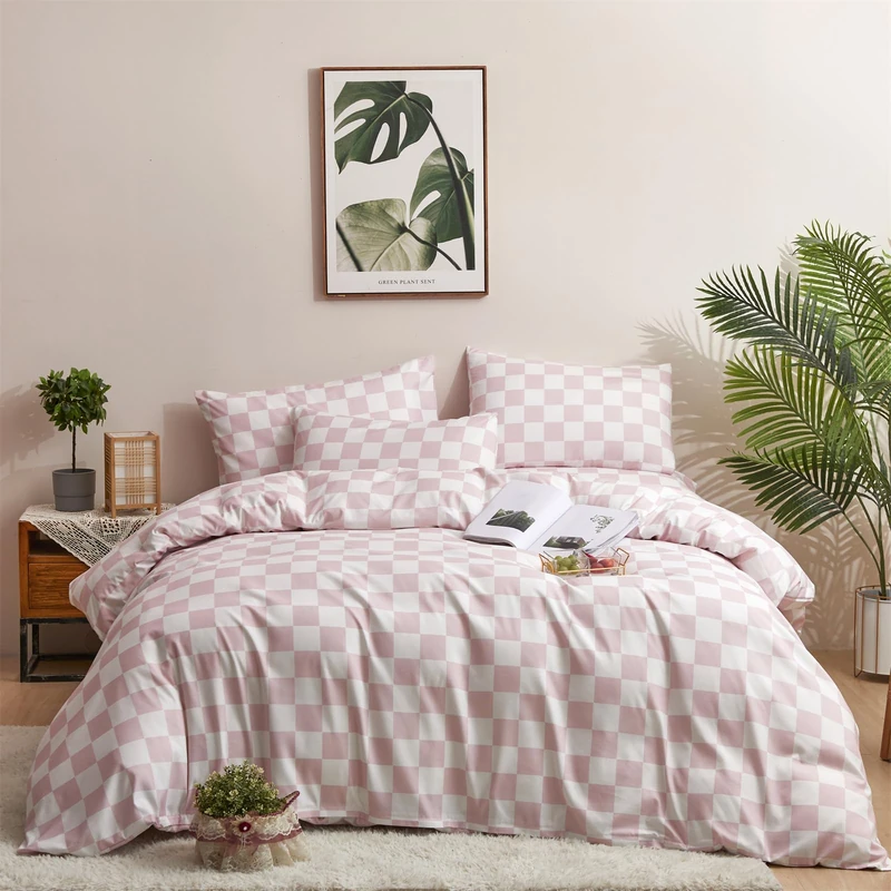 Pureant Pink White Plaid Comforter King Bean Pink Checkerboard Grid Bedding