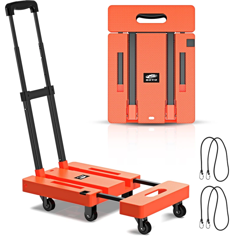 SOYO Folding Hand Truck, 500lbs Heavy Duty Dolly, Portable 6 Wheels Collapsible Luggage Cart with 2 Elastic Ropes for Moving, Travel, Shopping, House Office Use, Orange