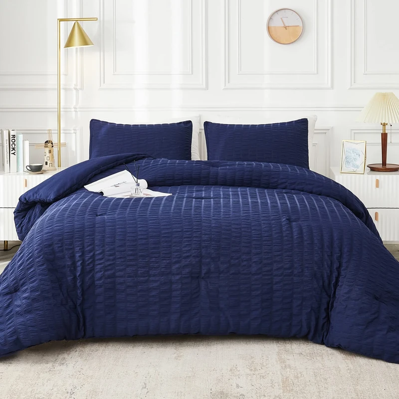 AveLom Navy Blue Seersucker Twin/Twin XL Comforter Set (68x90 inches), 2 Pieces-100% Soft Microfiber Lightweight Comforter with 1 Pillowcase, All Season Down Alternative Comforter Set for Bedding