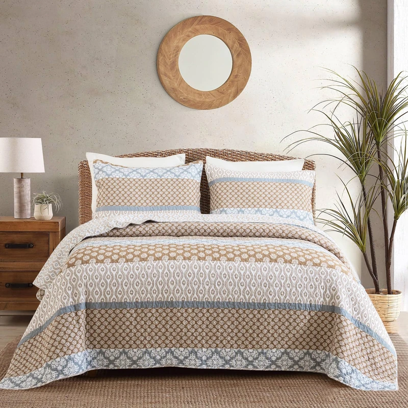 SahSahCasa Quilt Queen Size, Set, 100% Cotton Floral Quilt, Bedding Set Bedspreads, Patchwork Reversible Lightweight Comforter Bed Spread for All Season, Brown/Gray, 3 Pieces, Queen(90/''x98/'') - Image 1