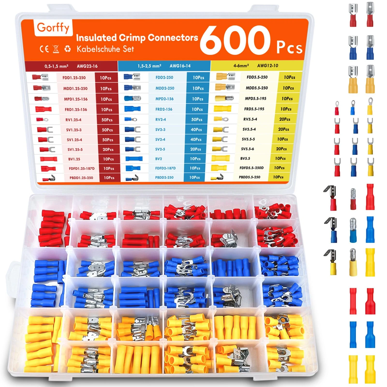 Gorffy Spade Connectors 600 Pcs, Auto Electrical Connectors0.5-6.0mm², Insulated Wire Connectors Crimp, Assorted Male and Female Spade Connector 12V, Bullet, Fork, Piggyback & Ring Crimp Terminals