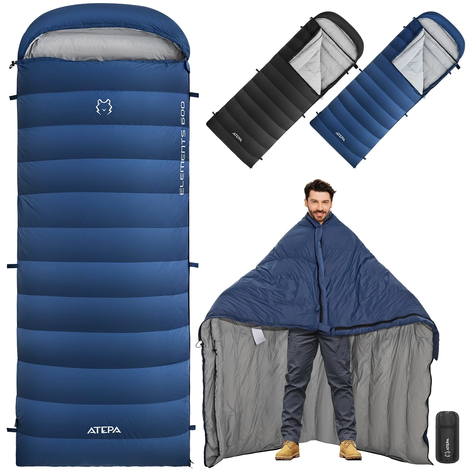 ATEPA ELEMENTS Down Backpacking Sleeping Bag, Lightweight 3-in-1 Cold Weather Rectangle Wide Sleeping Bag with Compression Sack for Backpacking Hiking Camping, Comfort 4°C, Navy