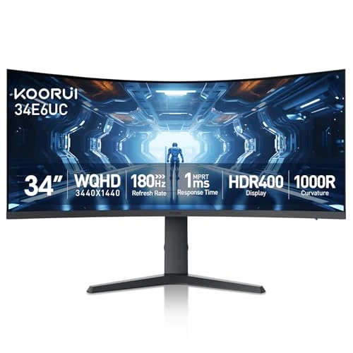 KOORUI 34 Inch Ultrawide Curved Gaming Monitor 165HZ, 1ms, 1000R, WQHD 3440 * 1440, 21:9, DCI-P3 90% Color Gamut, FreeSync G-Sync Compatible, Tilt/Height Adjustable Stand, HDMI, Display Port, Black