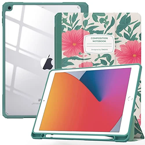 TiMOVO Case for iPad 9th Generation 2021/iPad 8th Generation 2020/iPad 7th Generation 2019 10.2 inch with Pencil Holder, Slim Protective Cover with Clear Back, Auto Wake/Sleep,Blooming Floral Notebook