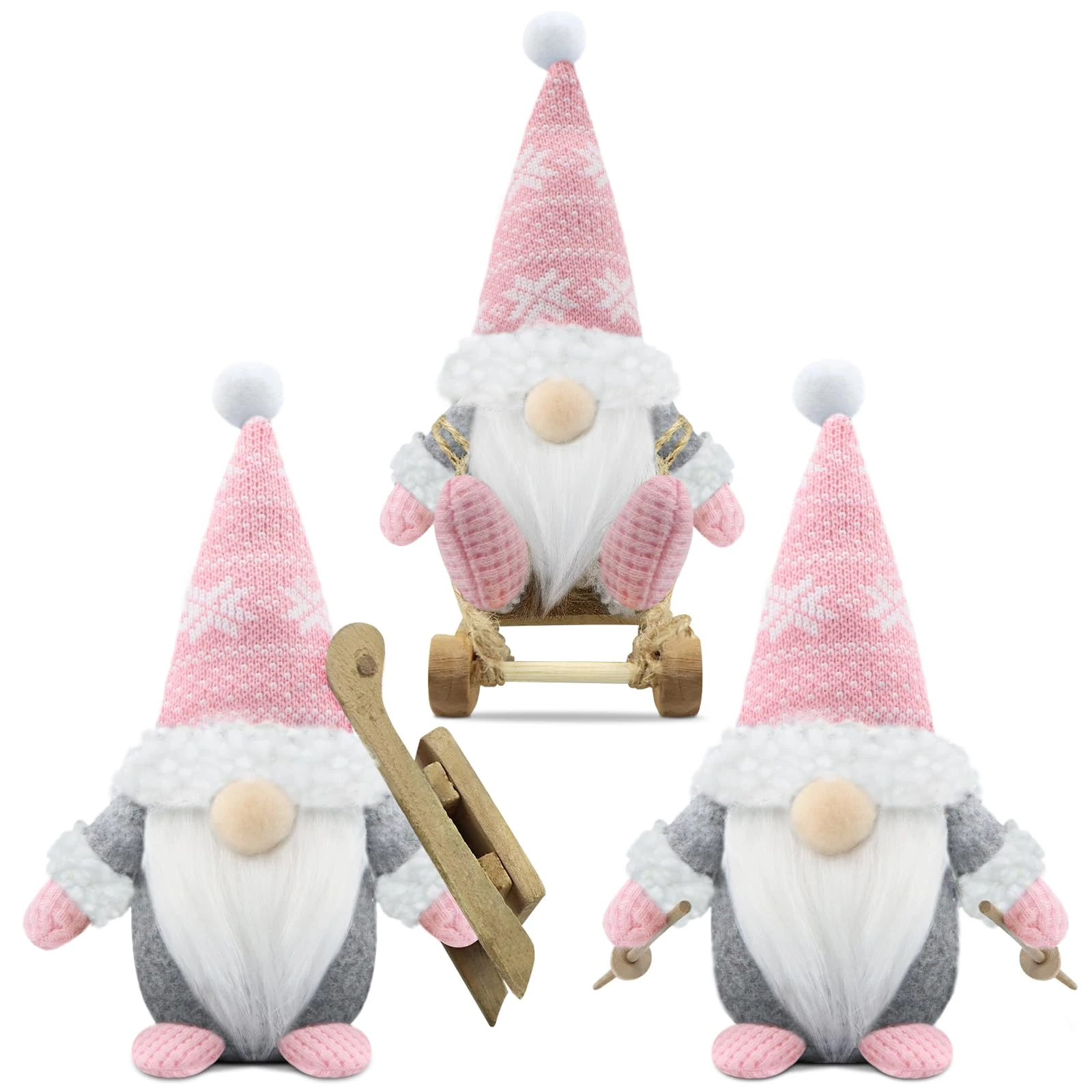 Gehydy Set of 3 Christmas Gonk Decorations Handmade Sled Gnome Plush Stuffed Xmas Decor for Home Kitchen Farmhouse - Pink