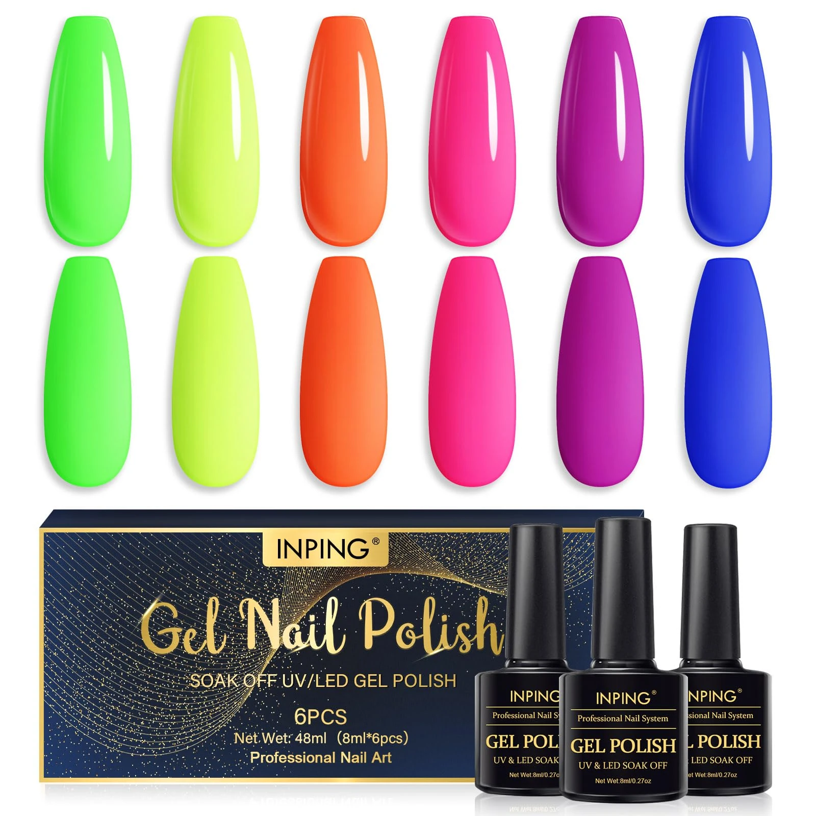 INPING Gel Polish Set, 6 Colors Neon Gel Nail Polish, Bright Yellow Green Orange Pink Purple Navy Blue Spring Summer Rainbow Nail Varnish Soak Off UV LED for Home DIY Manicure Nail Salon