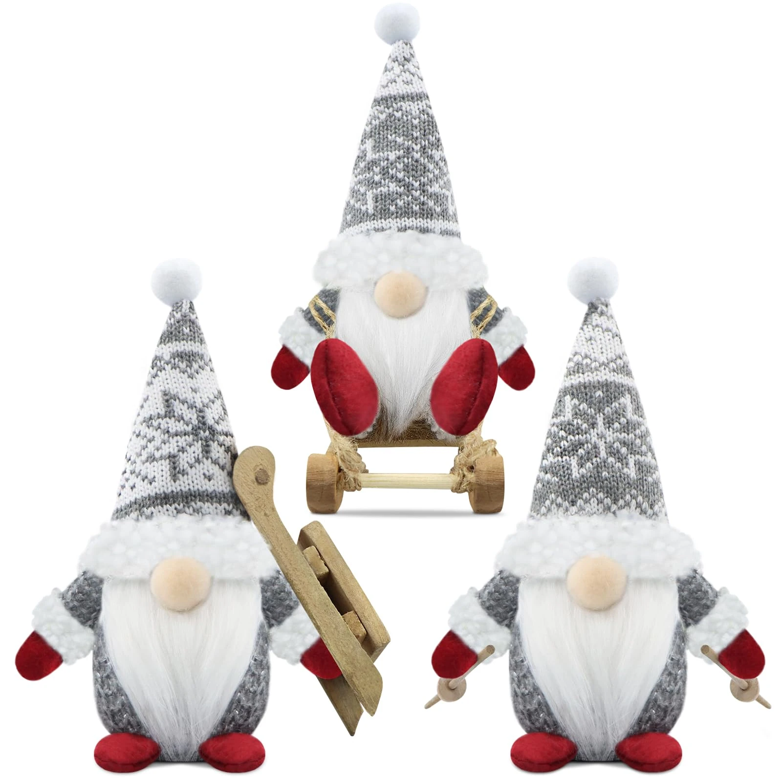 Gehydy Set of 3 Christmas Gonk Decorations Handmade Sled Gnome Plush Stuffed Xmas Decor for Home Kitchen Farmhouse - Gray
