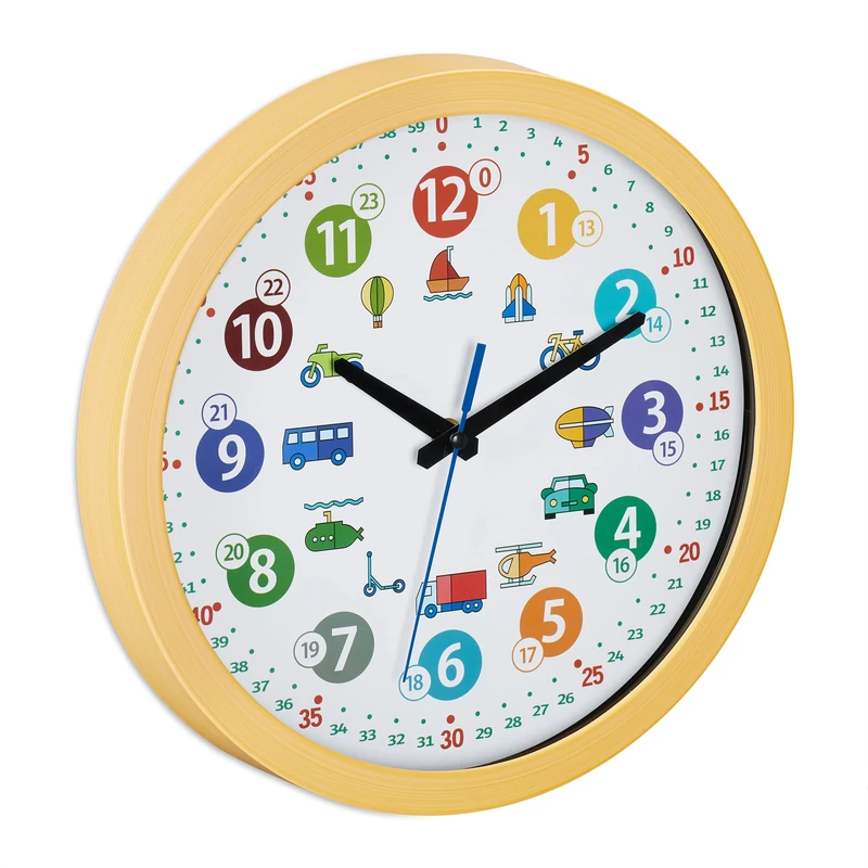 Relaxdays Wall Clock for Children, Ø 30 cm, with Vehicle Motif, Learn The Time, Kids Room, for Boys & Girls, Colourful