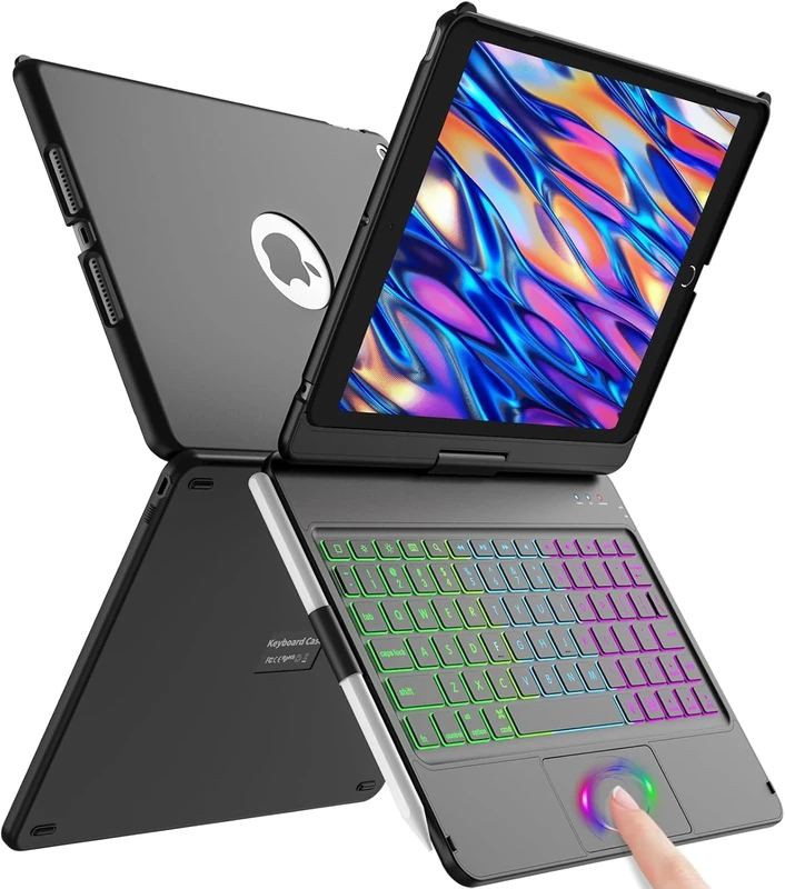 aMZCaSE for iPad Keyboard Case 10.2-360° Flip Hard-Shell Slim Cover with Wireless Bluetooth Keyboard, 7 Backlight, Auto Sleep/Wake for iPad 9/8/7th Gen (Black)