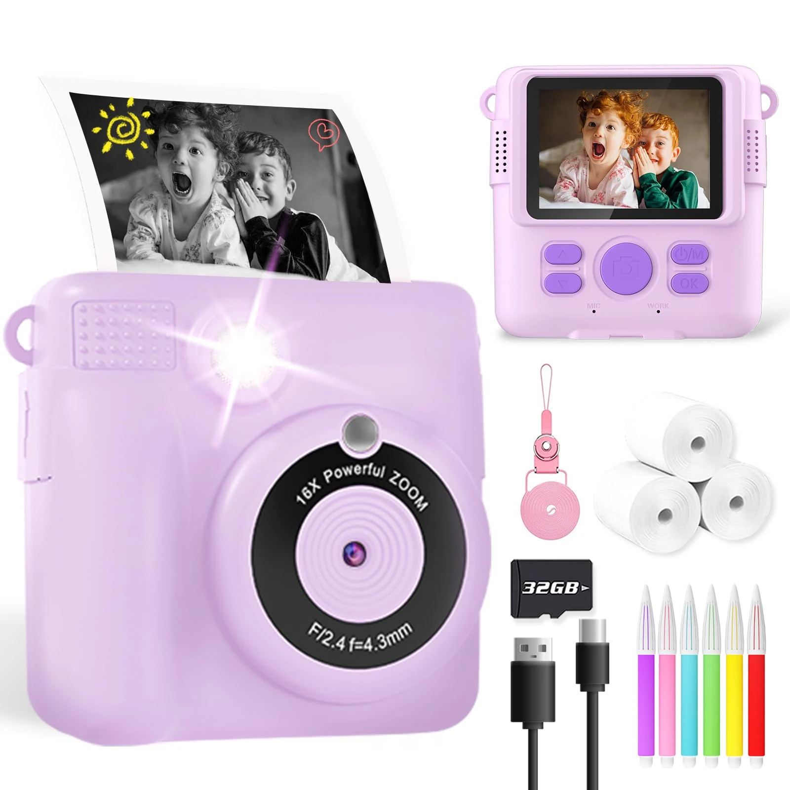 YORKOO Kids Camera for Girls Boys, Instant Camera for Kids with Print Photo Paper, 1080P HD Digital Camera Toy, Birthday Gifts for 3 4 5 6 7 8 9 10 Years Old Girl, Video Recorder, 32GB SD Card