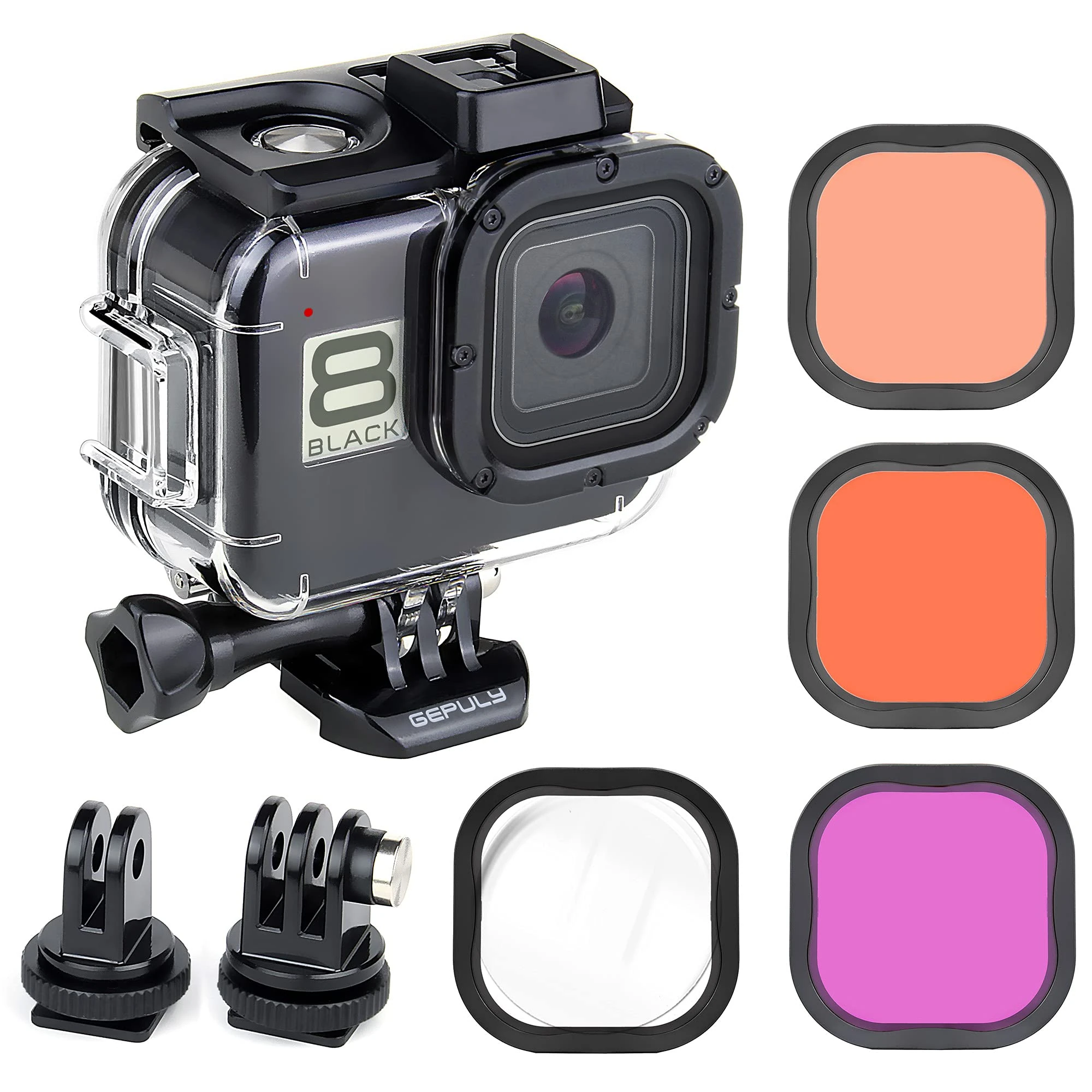 GEPULY Waterproof Case for GoPro Hero 8 Black Come With 4-Pack Dive Filter, 60M Underwater Diving Housing Case with Red, Snorkel, Magenta, 5X HD Close-up Macro Filters With Bracket Accessories