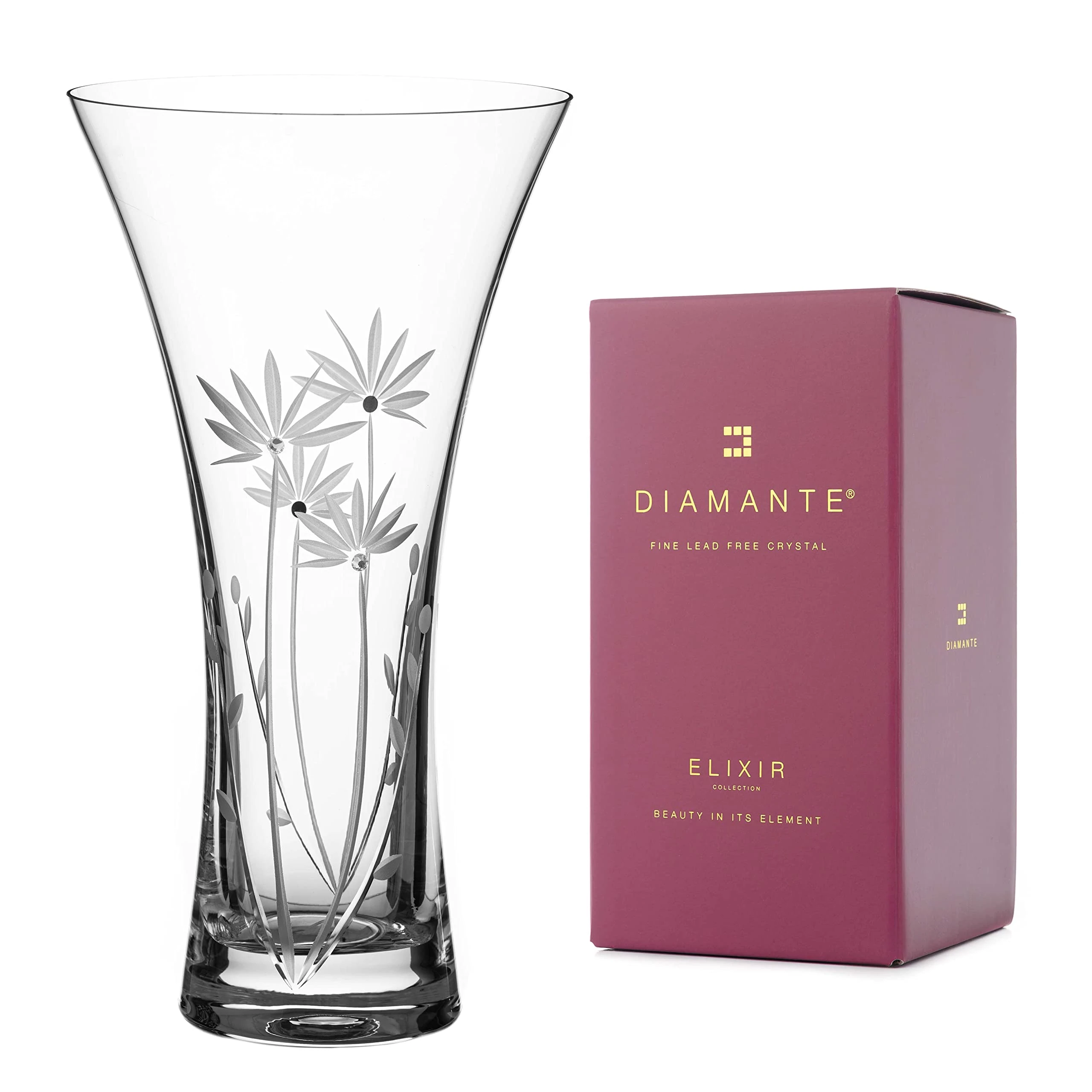 DIAMANTE Swarovski Trumpet Shaped Crystal Glass Vase "Bloom" - Hand Cut Flower Decoration with Swarovski Crystals - 25cm in gift box