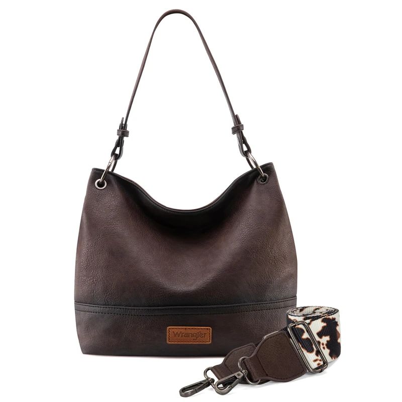 Wrangler Hobo Bags for Women Vegan Leather Top Handle Shoulder Purses and Handbags, With Strap Distressed-coffee, M