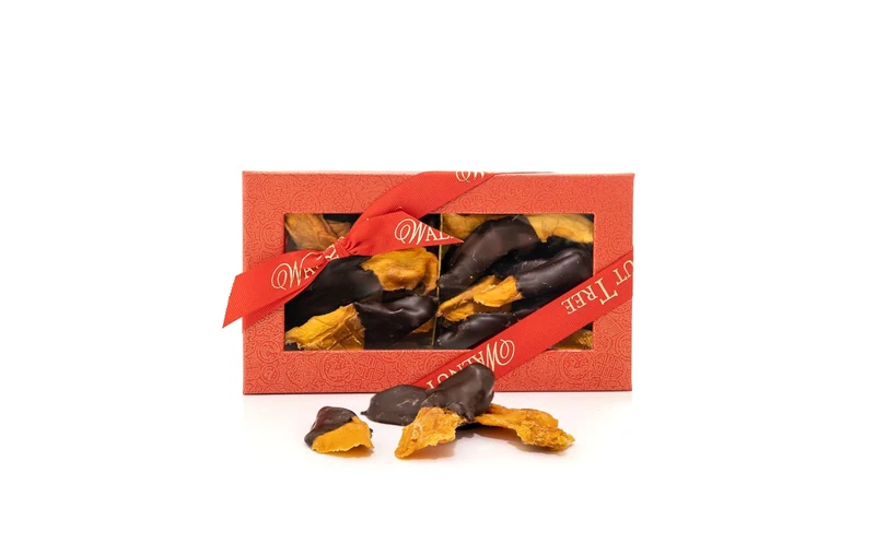 Walnut Tree – Mango Stripes Hand Dipped in Rich Dark Chocolate – Sweet and Tangy – Handpacked in the UK – Vegan – Vegetarian – Gluten Free – Luxury Gift Selection, Birthday, Anniversary – 200g