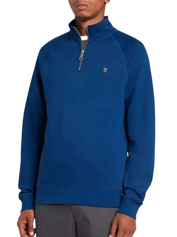 Farah - Men's Sweatshirt, Jim Organic Cotton Quarter Zip Sweatshirt, Blue Peony, M