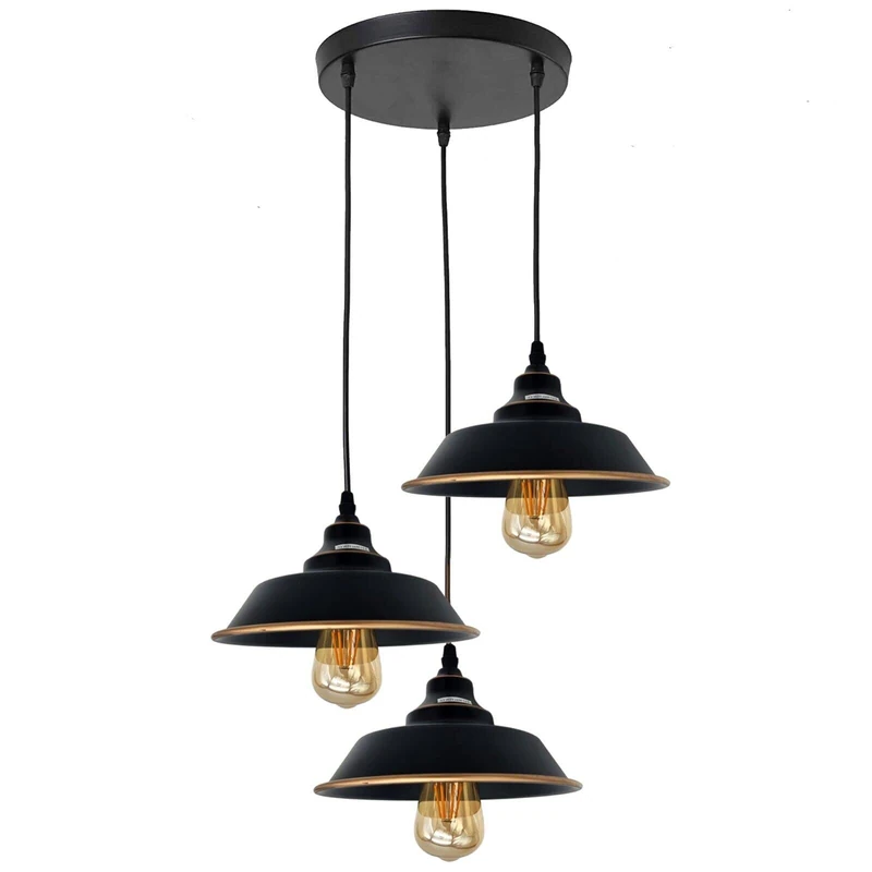LEDSone 3 Way Pendant Light, E27 Black Gold Line Metal Hanging Light