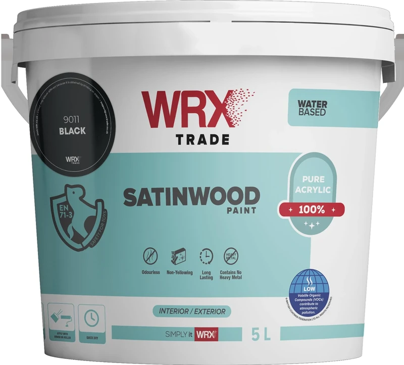 WRX Trade Satinwood Paint For Wood - Quick Dry - Pure Acrylic - Water Based (5L, Black Ral 9011)