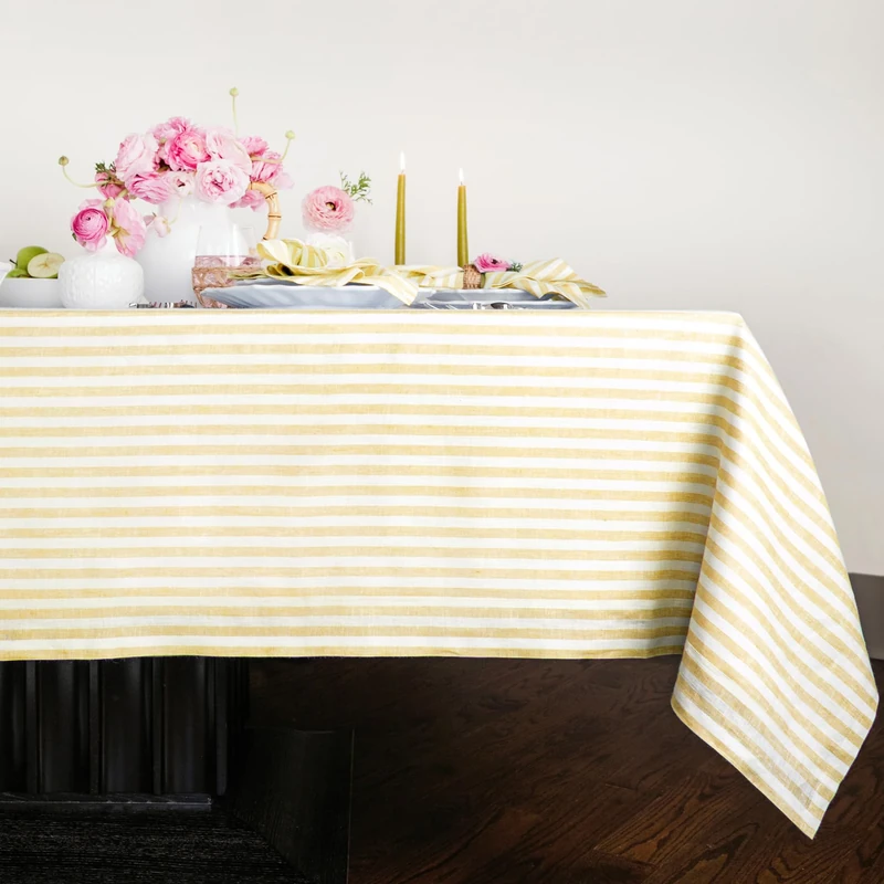 Solino Home 100% Pure Linen Tablecloth, 60 x 90 in, Yellow and White Stripe