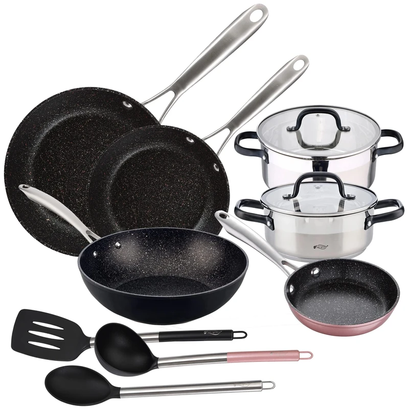 Cookware Set with: 20 x 8.5 and 24 x 10.5 cm saucepans with lids, Stainless Steel, Induction, and Pans 16 x 4.0, 20 x 5.0, 28 x 6.0 and Wok 28 x 8 cm, al