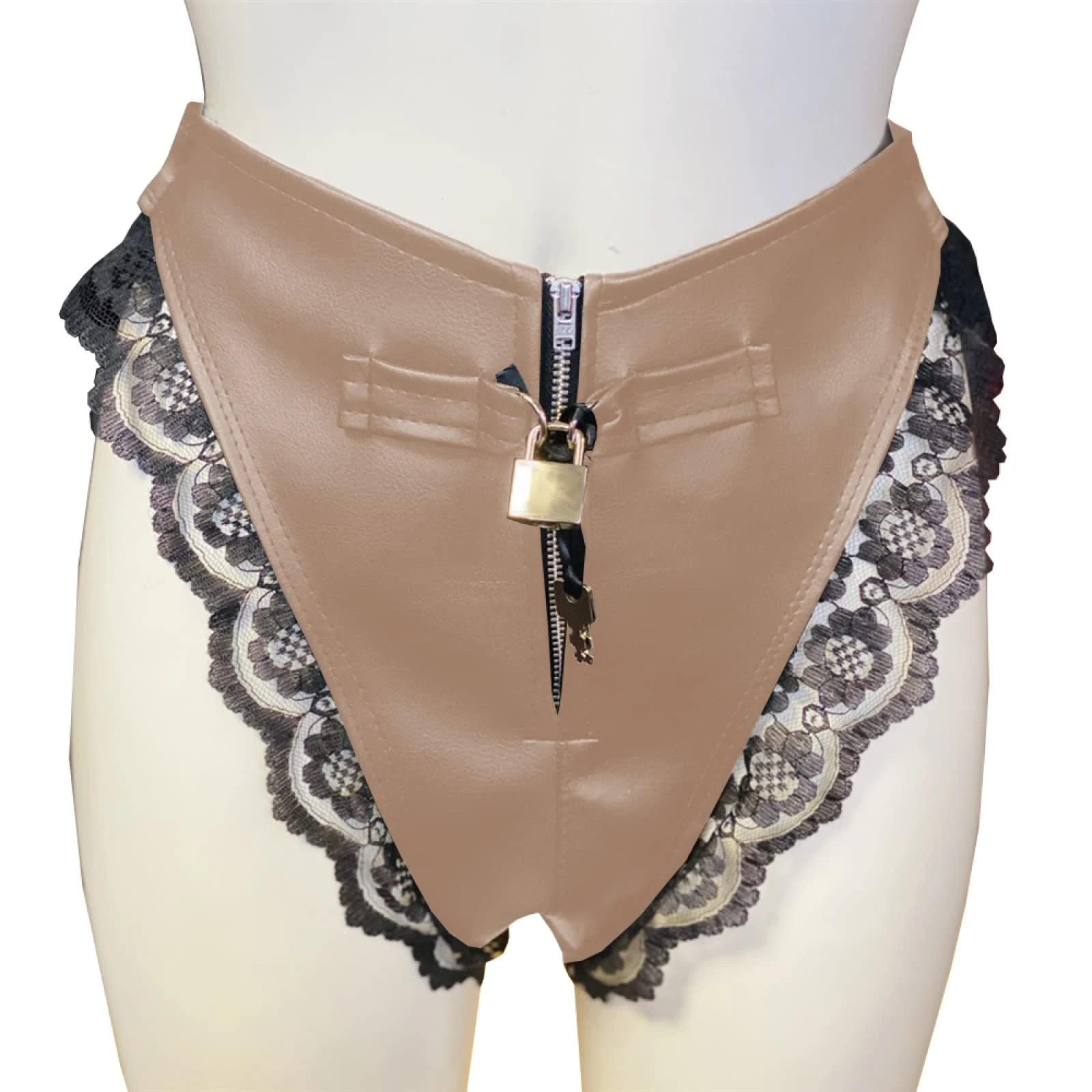 Lockable Panties Unisex Zipper Knickers Black Lace Briefs Wet Look PVC Shiny High Waist Underpants Costume,Light Brown,XL