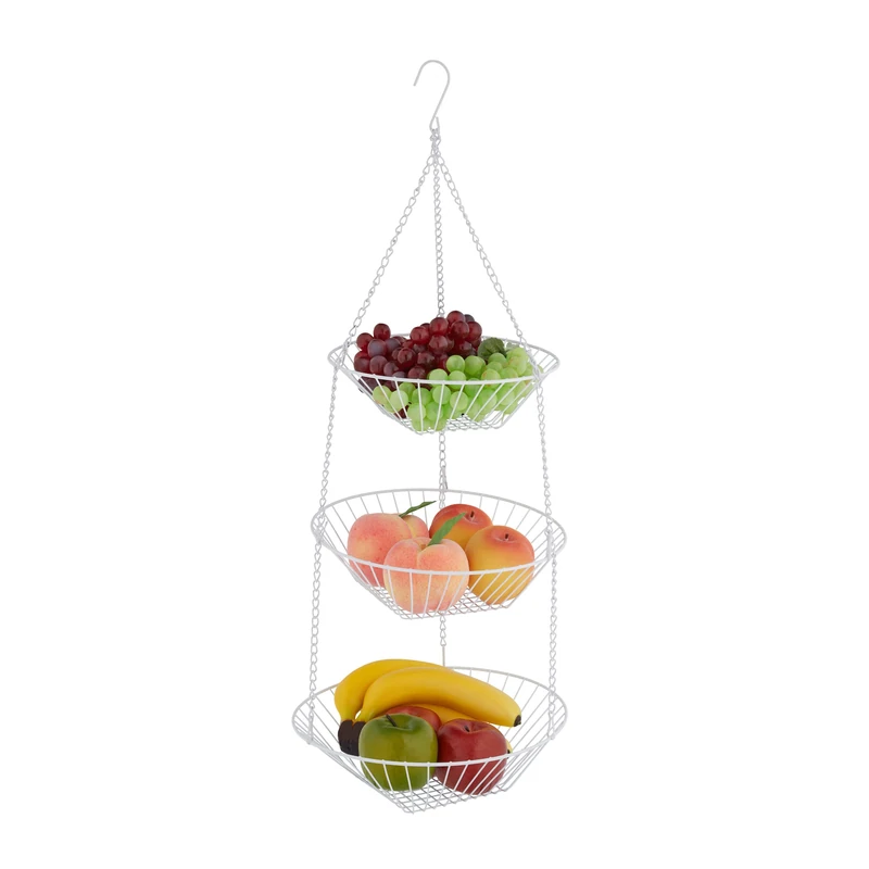 Relaxdays Hanging Fruit Holder, 3-Tiered, Removable Chains, Separate Bowls, Compact Storage, HxØ: 73x28 cm, Metal, White