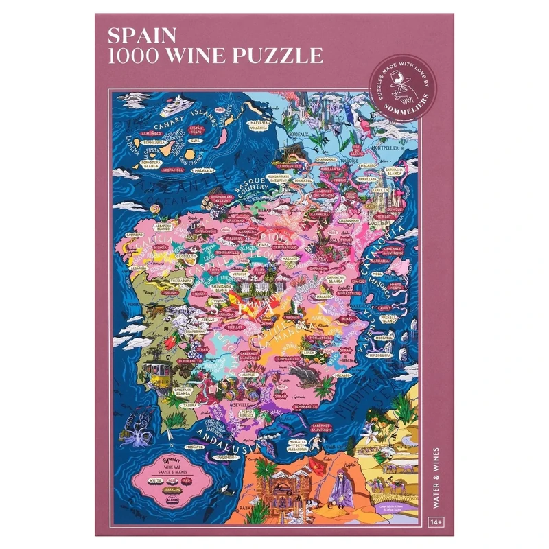 Wine Puzzle Spain - Exciting and educational jigsaw 1000 piece puzzle for adults - Unique Hand-drawn puzzle map of Spanish wines