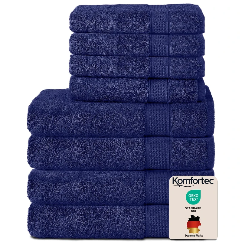 Komfortec Set of 8 Hand Towels 100% Cotton, 4 Bath Towels 70 x 140 cm and 4 Hand Towels 50 x 100 cm, Terry Clothing, Soft, Towel, Large, Navy Blue