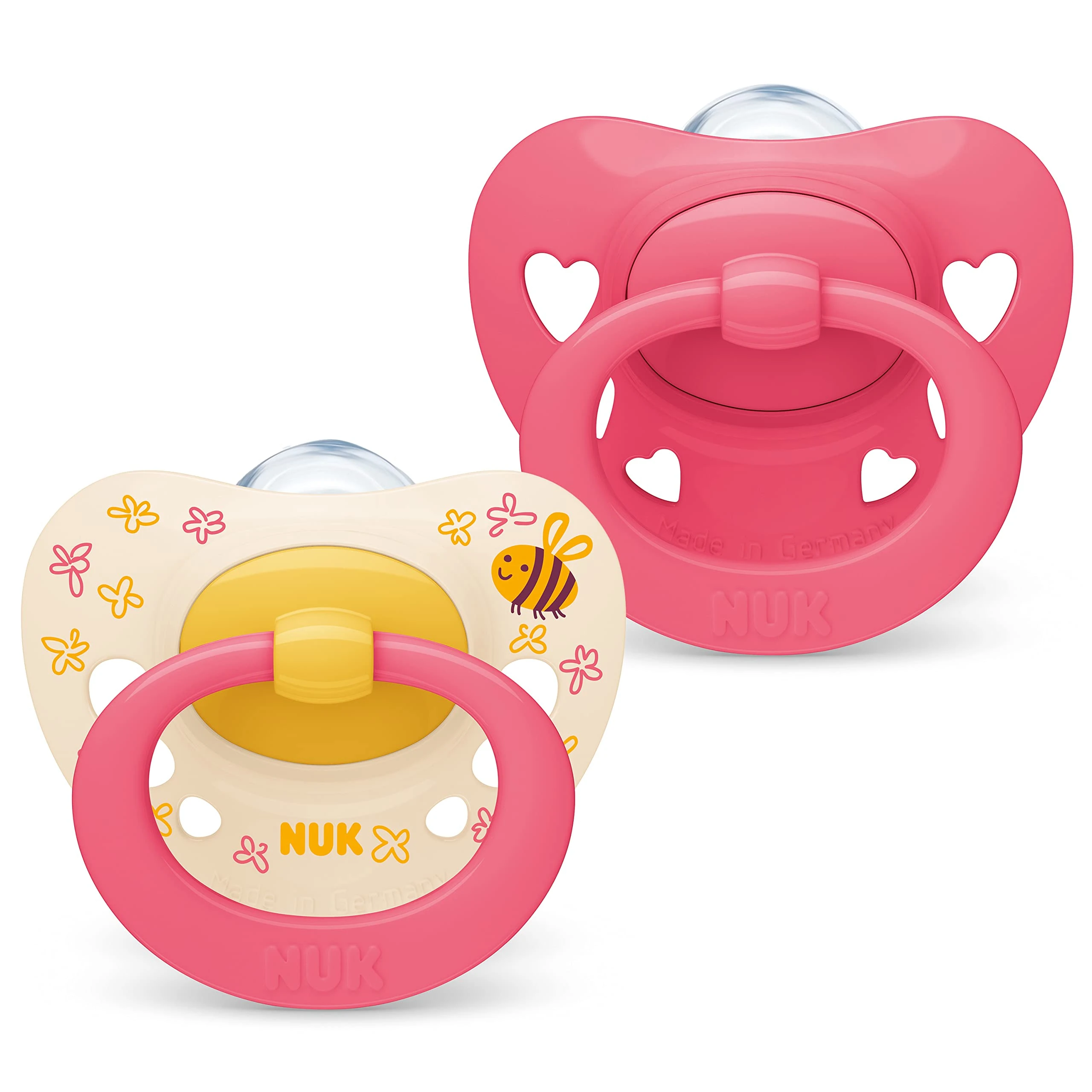 NUK Signature Baby Dummy | 6-18 Months | Soothes 95% of Babies | Heart-Shaped BPA-Free Silicone Soothers | Includes Case | Pink Hearts | 2 Count