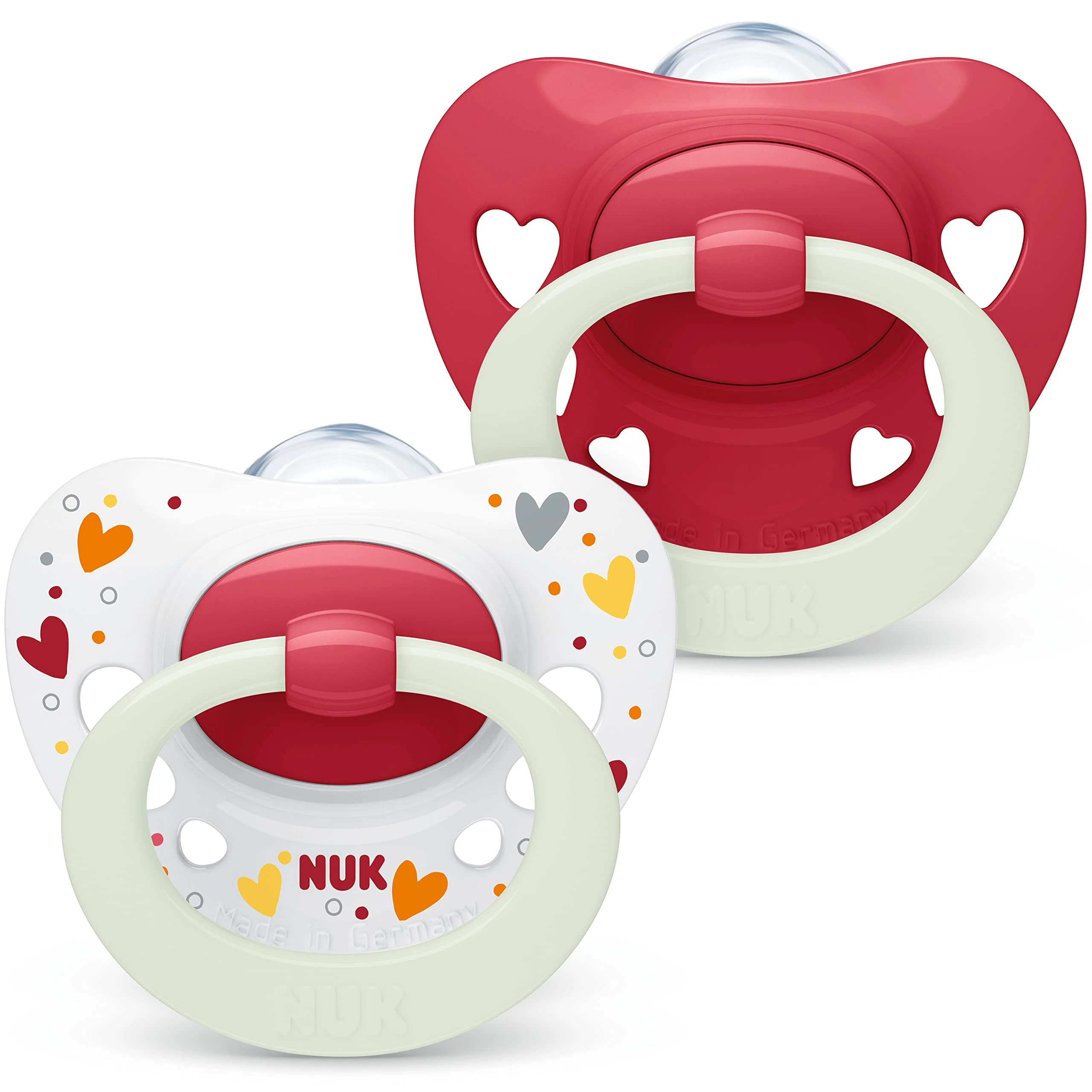 NUK Signature Night Baby Dummy | 0-6 Months | Soothes 95% of Babies | Heart-Shaped BPA-Free Silicone Soothers | Glow-in-The-Dark | Includes Case | Red Hearts | 2 Count