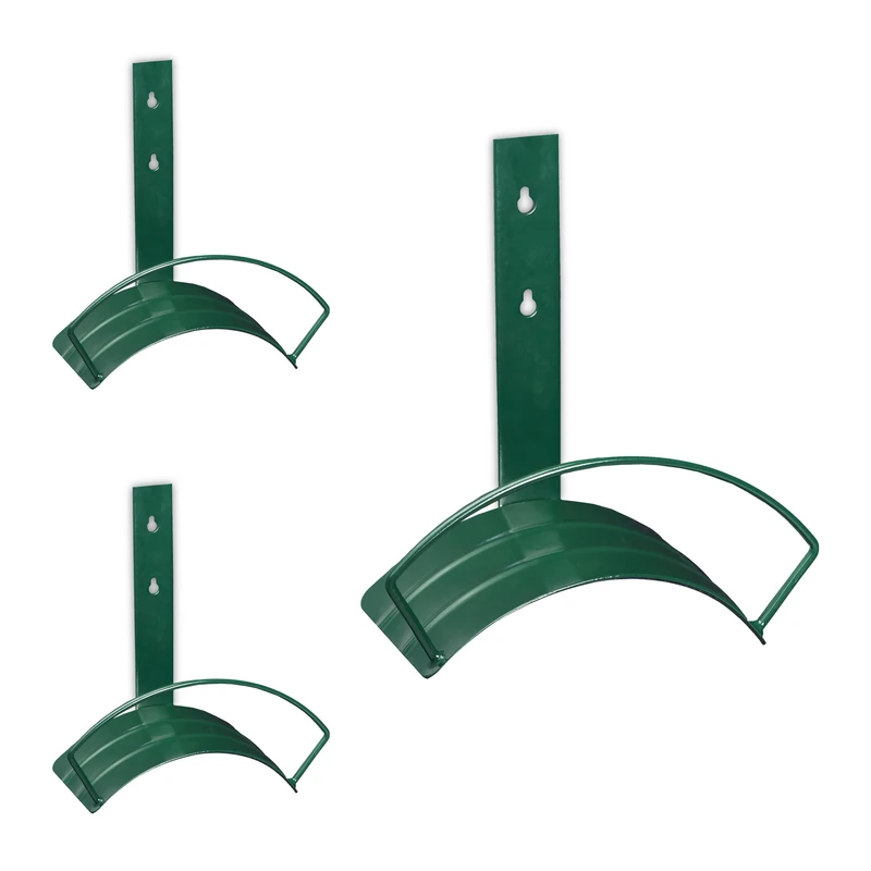 Relaxdays Hose Pipe Holder, Set of 3, for 60 m 5/8" Hosepipe, Wall-Mounted Hanger, 33 x 32.5 x 16.5 cm, Steel, Green, 33 x 32,5 x 16,5 cm