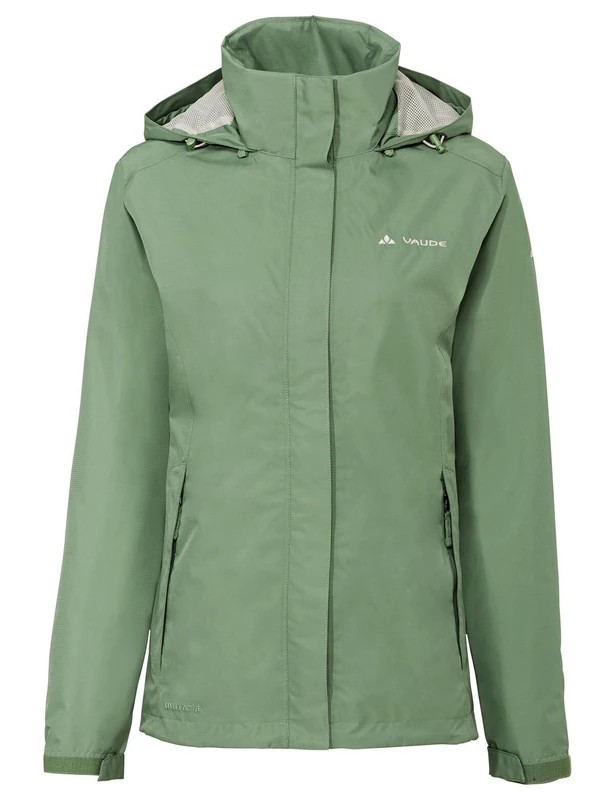 VAUDE Women's Escape Light rain jacket in green, Waterproof Jacket Women, packable rain jacket with Hood, Climate-Friendly Windbreaker Jacket, S